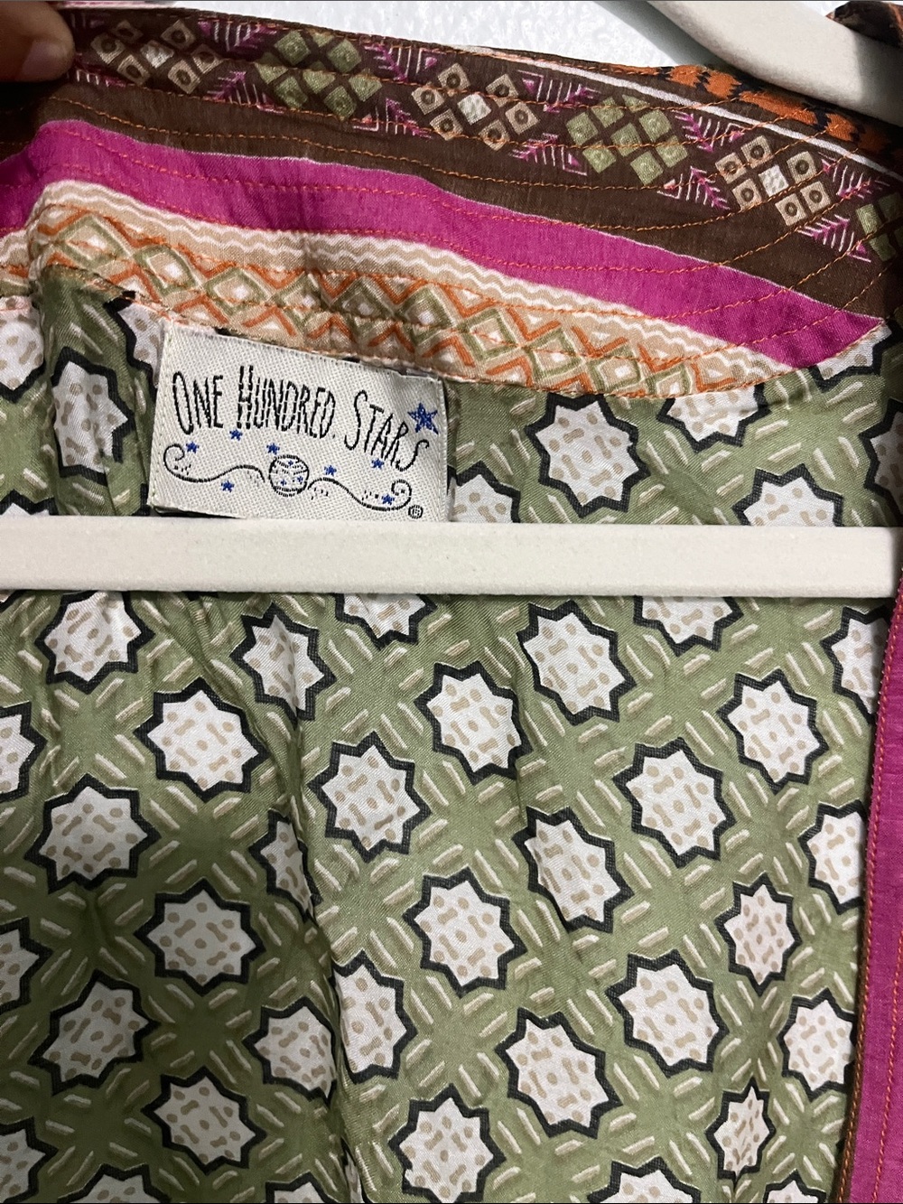 One Hundred Stars Olive Patterned Open-Front Kimono with Pink & Orange Trim - Picture 4 of 6